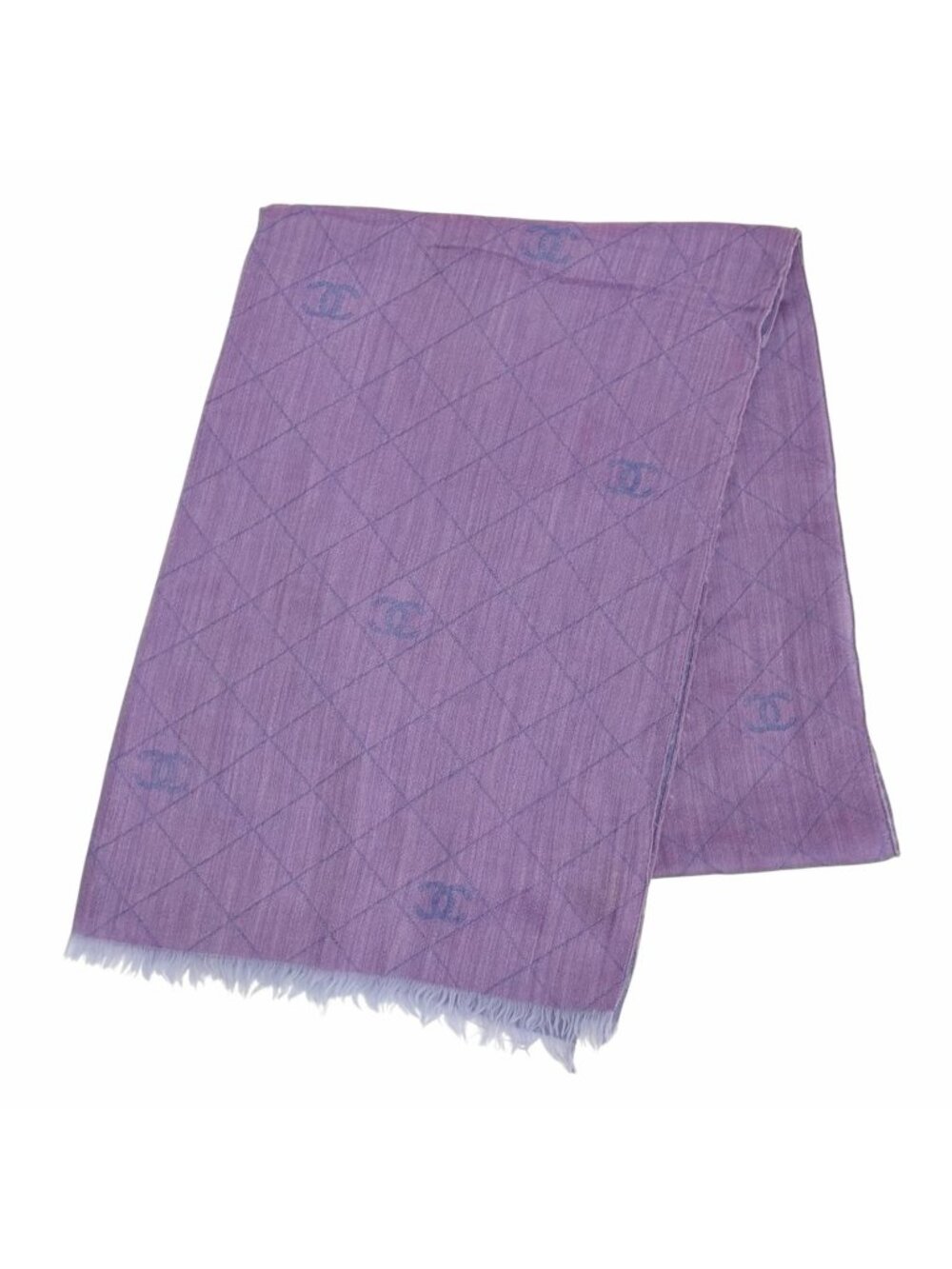 Chanel Cashmere Cotton CC Logo Quilted Fringe Large Shawl Purple Scarf